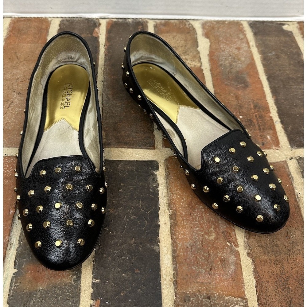Michael Kors Black Leather Flats Gold Toned Studs Round Toe Shoes Women's 9